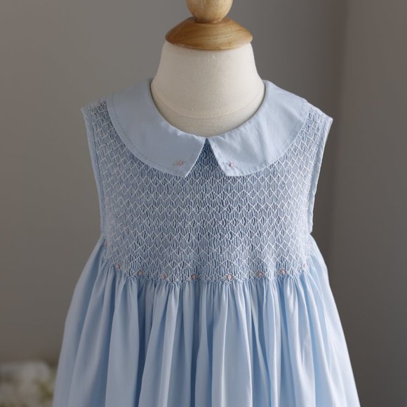 Blue Smocked Dress Hand Embroidery Boutique Size 7 Vacation Spring Summer - Picture 7 of 7